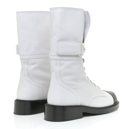 Chanel Calfskin Lace Up Logo Mid Calf Combat Boots 37 White Black 5 of 13