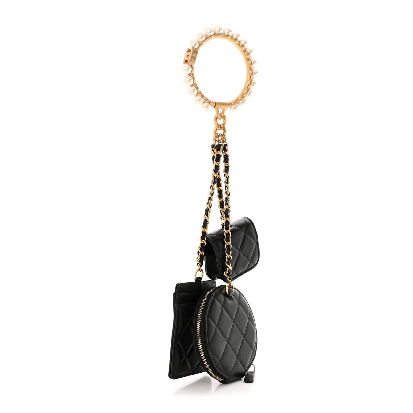 Pearl Lambskin Pearl Crown CC Wristlet Multi Pouches Black