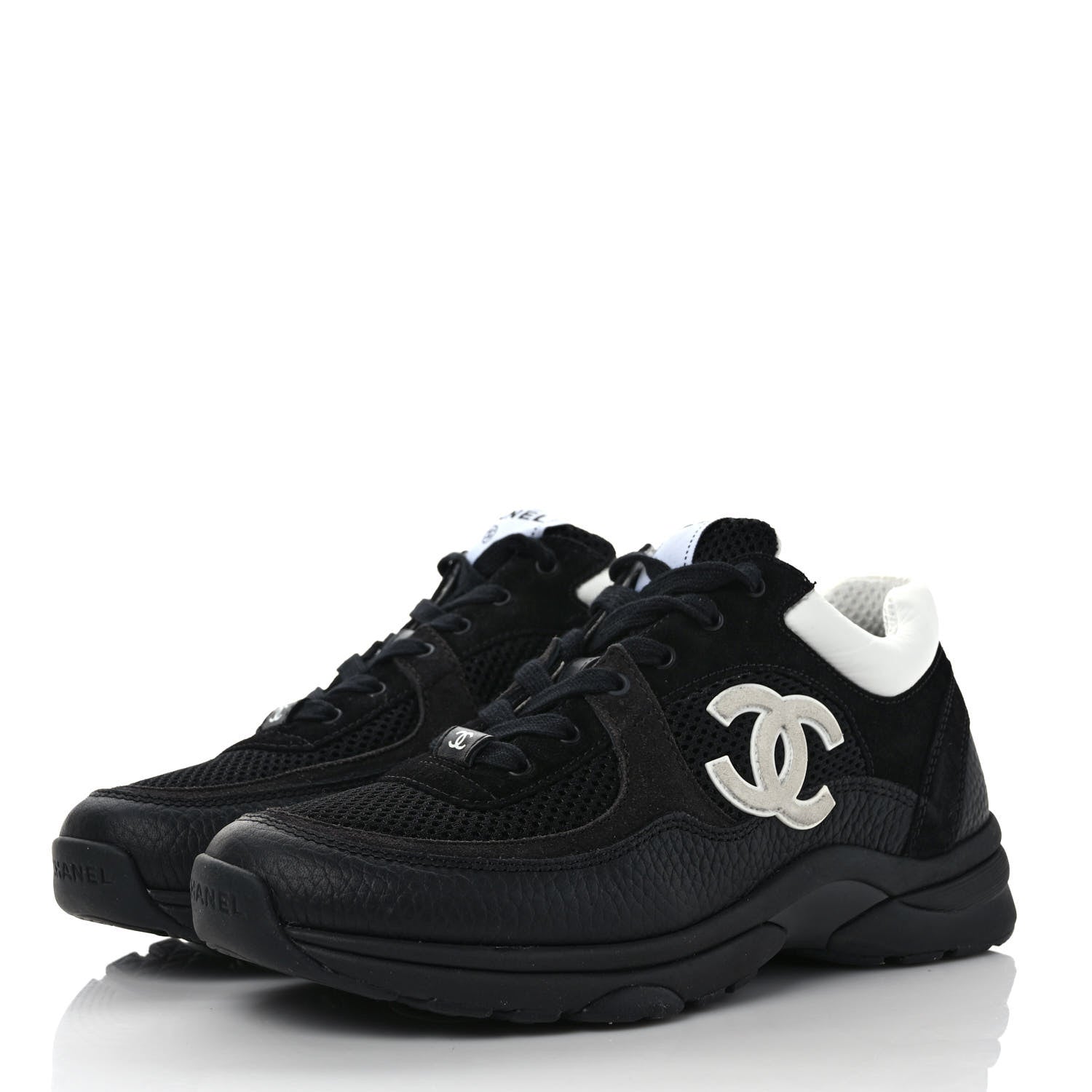 Chanel Mesh Suede Grained Calfskin Womens CC Sneakers 39 Black White 3 of 9