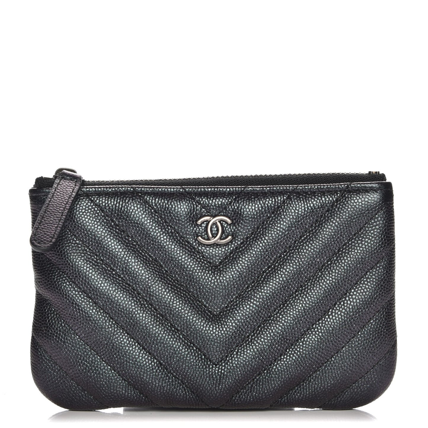 Metallic Caviar Chevron Quilted Small Cosmetic Case Black