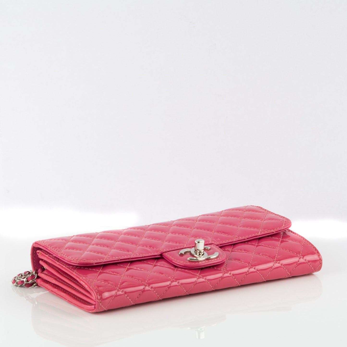 Patent Calfskin Quilted Flap Clutch With Chain Fuchsia