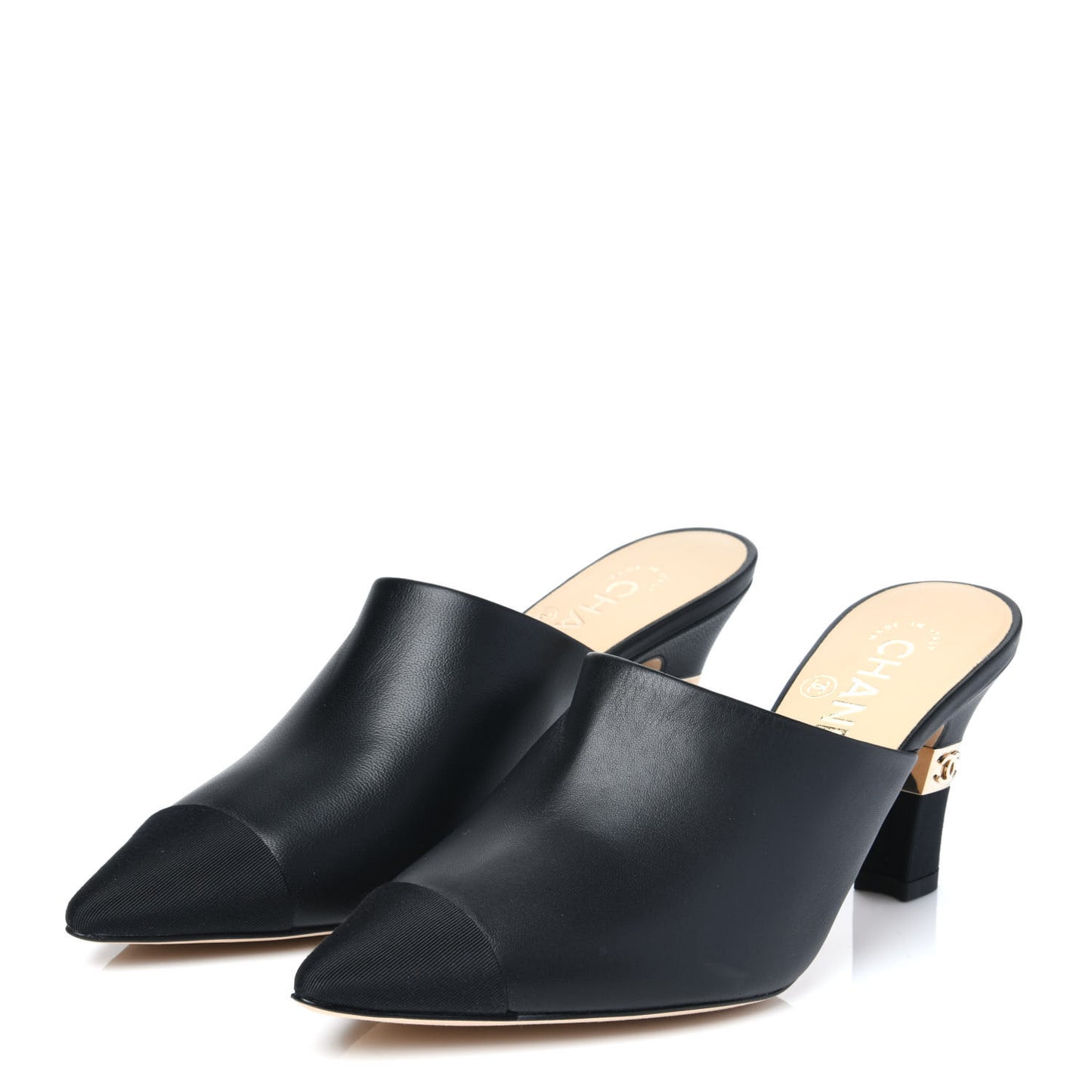 Lambskin Grosgrain Cap Toe CC Mules 37 Black