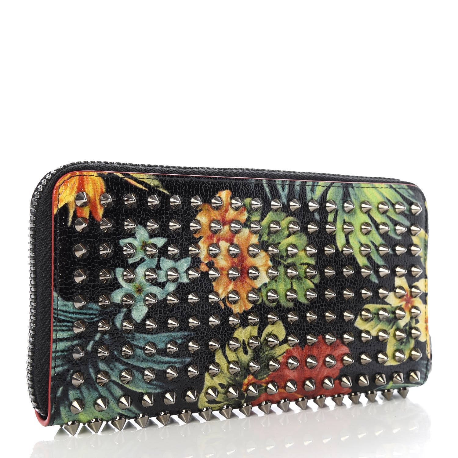 Christian Louboutin Crackled Calfskin Hawaii Print Panettone Spikes Zip Around Wallet Black Silver 3 of 6