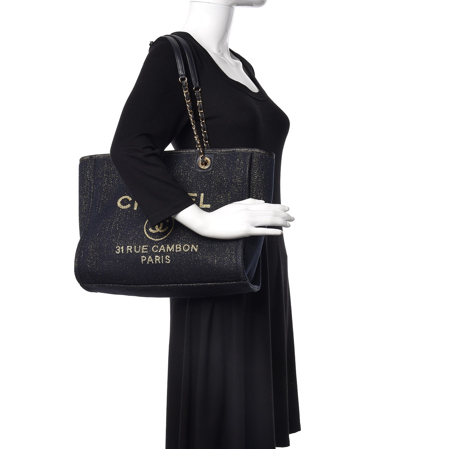 Lurex Canvas Small Deauville Tote Navy Blue Gold