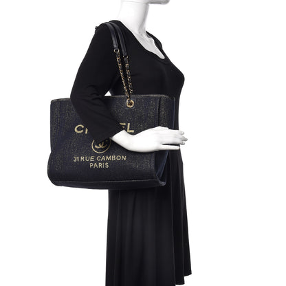 Chanel Lurex Canvas Small Deauville Tote Navy Blue Gold 2 of 12