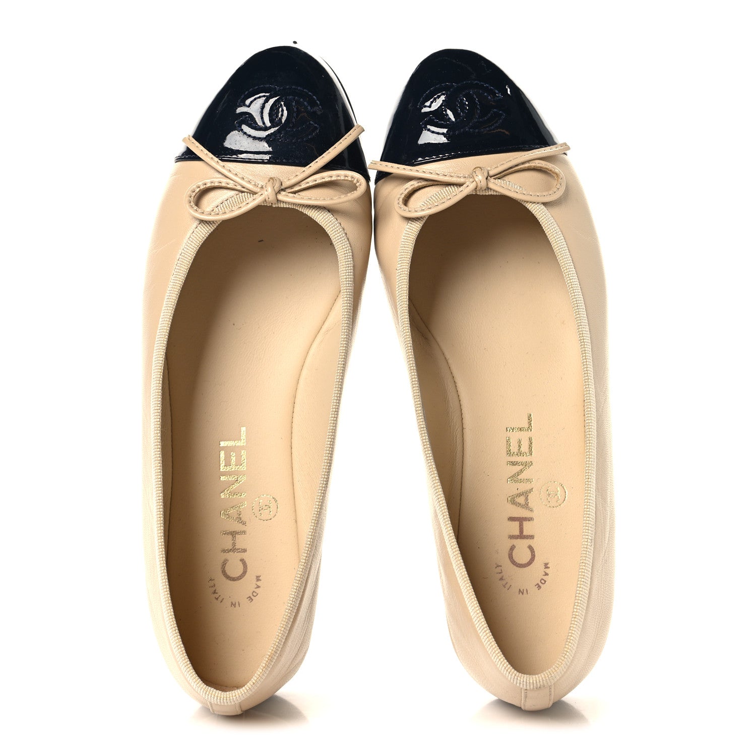 Chanel Goatskin Patent Calfskin Cap Toe CC Ballerina Flats 36 Light Beige Navy Blue 2 of 9