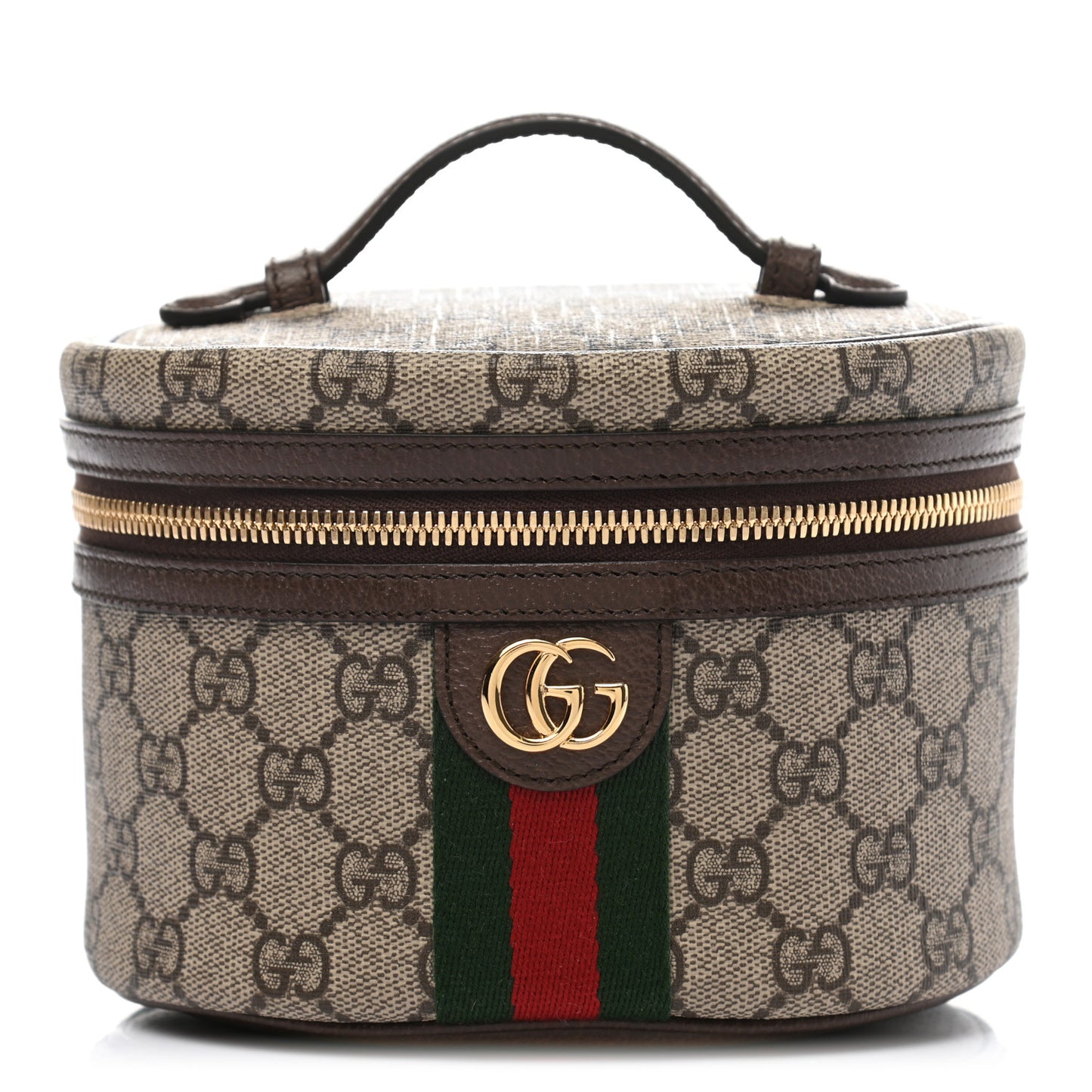 GG Supreme Monogram Textured Calfskin Web Ophidia Vanity Cosmetic Case Beige Ebony New Acero