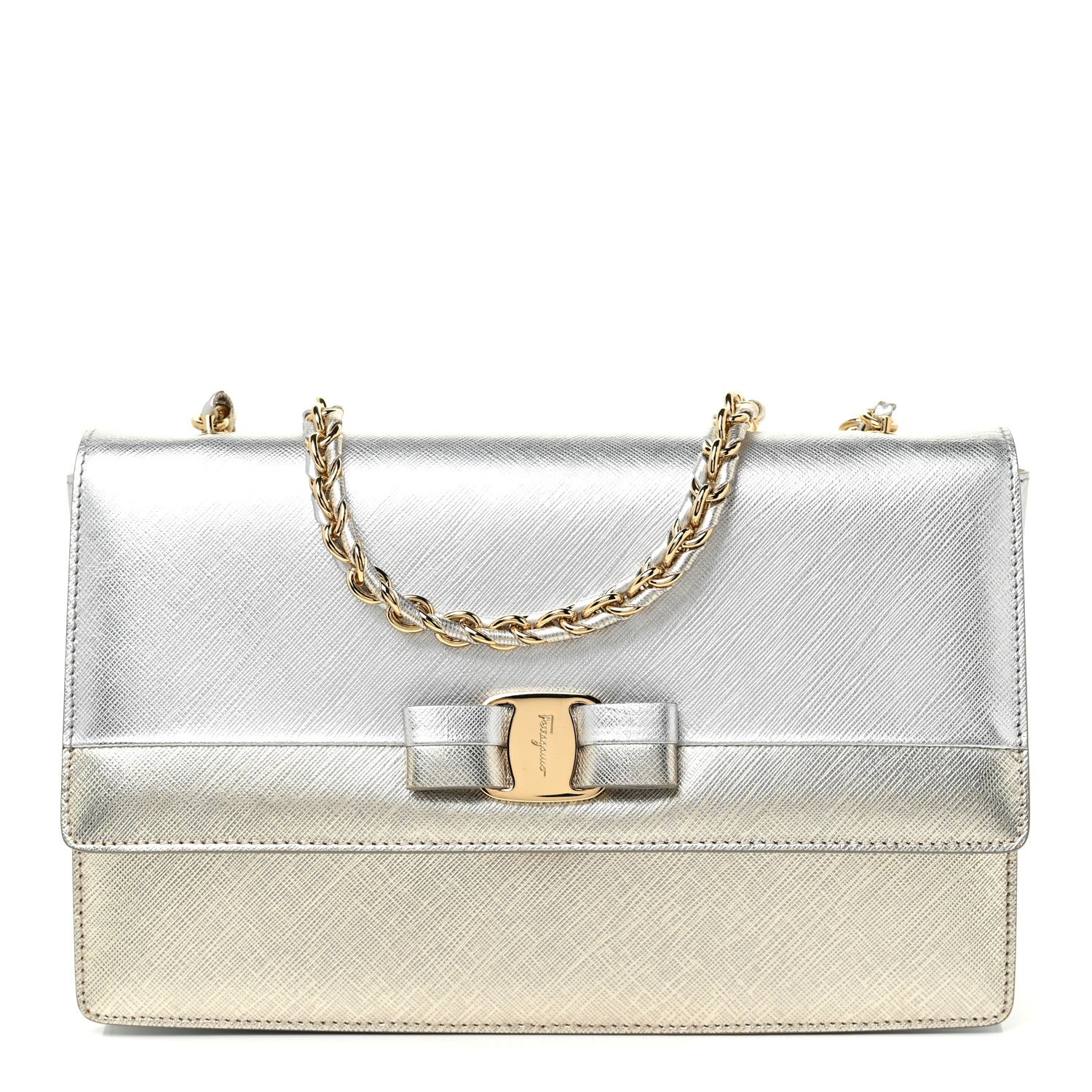 Salvatore Ferragamo Metallic Hammered Calfskin Vara Bow Chain Flap Crossbody Silver Gold 2 of 23