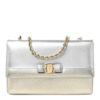 Salvatore Ferragamo Metallic Hammered Calfskin Vara Bow Chain Flap Crossbody Silver Gold 2 of 23