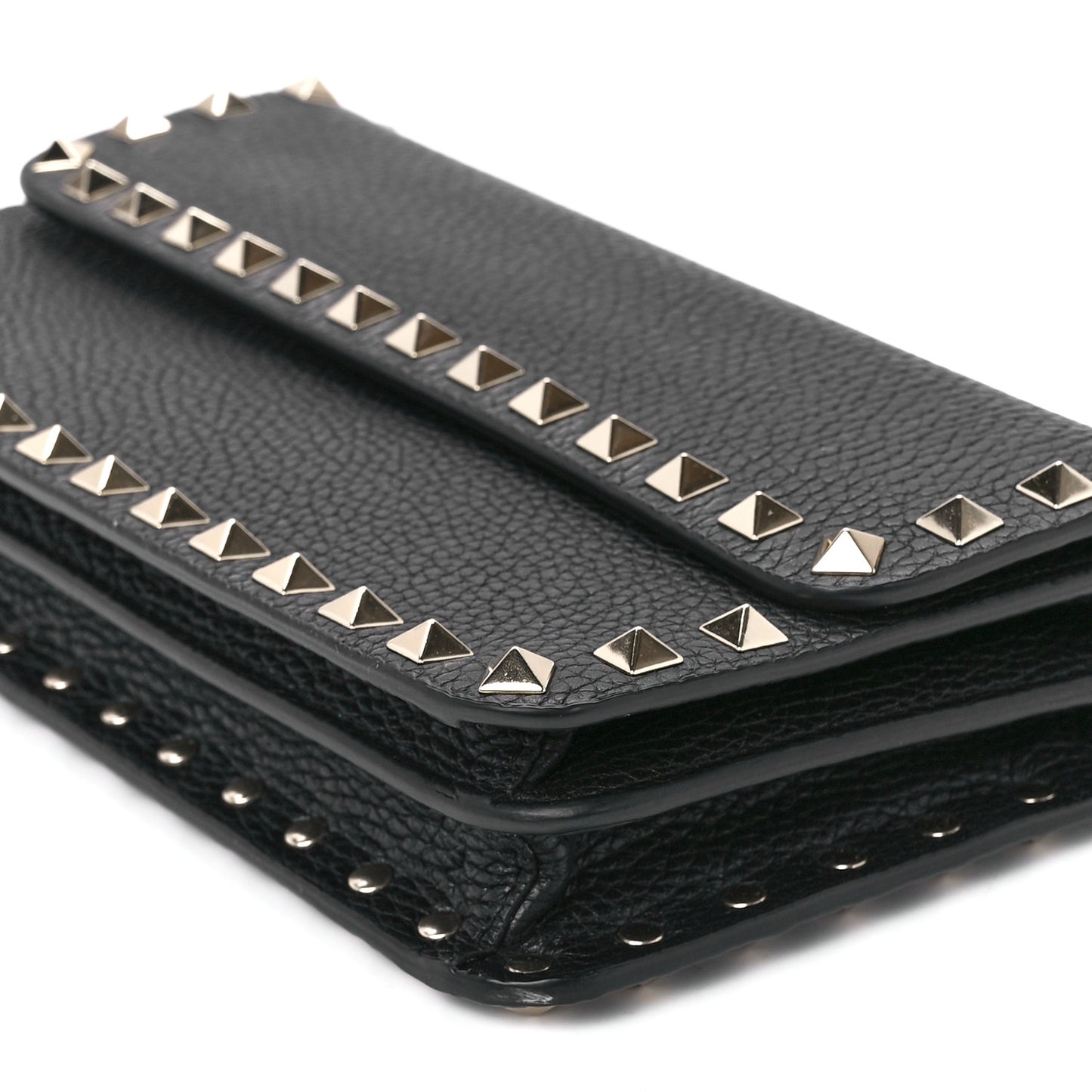 Pebbled Calfskin Rockstud Flap Wallet On Chain Black