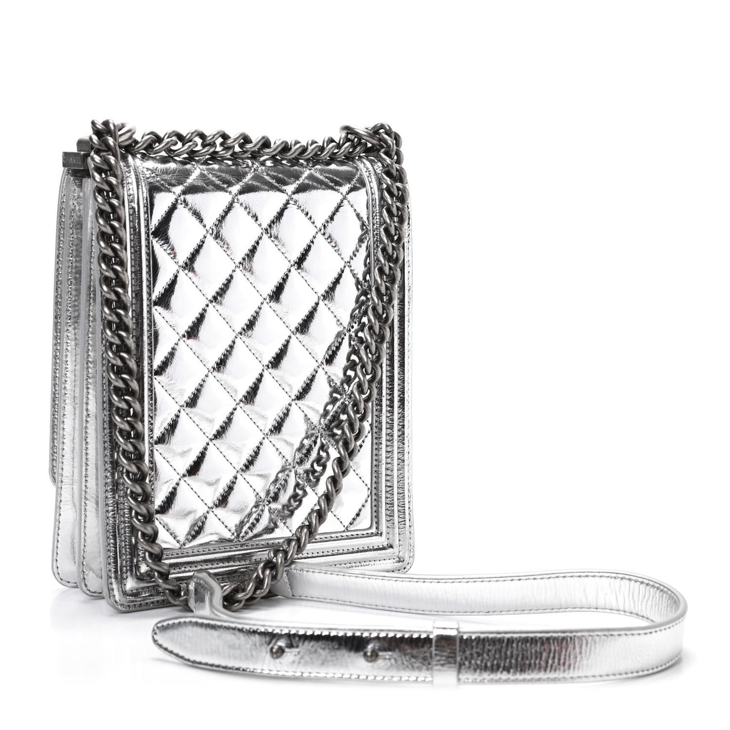 Metallic Goatskin Quilted North South Boy Flap Silver