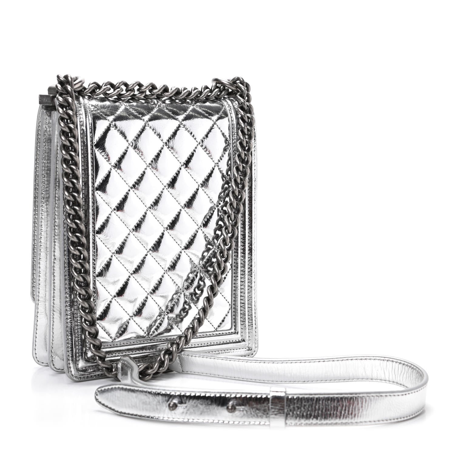 Chanel Metallic Goatskin Quilted North South Boy Flap Silver 3 of 10