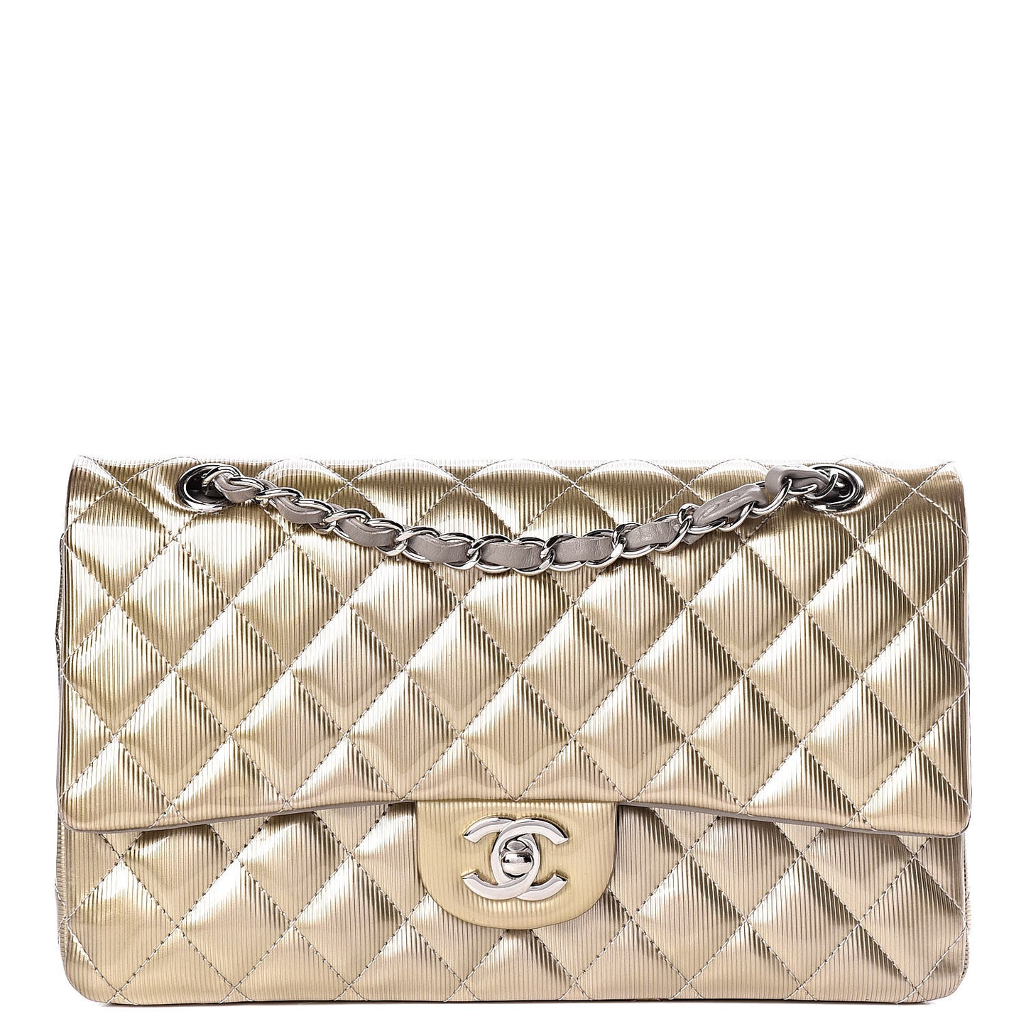 Striated Patent Quilted Medium Double Flap Gold