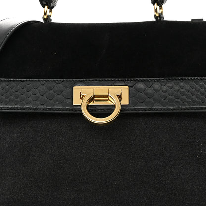 Salvatore Ferragamo Calfskin Suede Snakeskin Small Sofia Satchel Black Burgundy 8 of 22