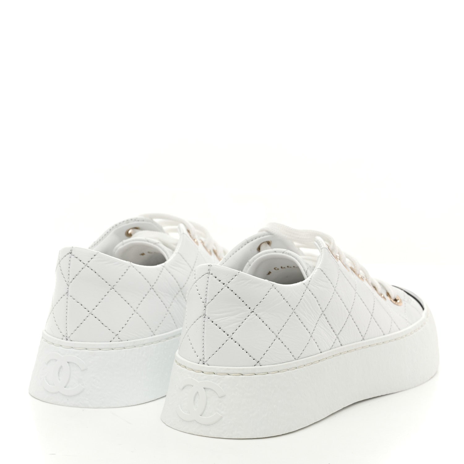 Chanel Crumpled Lambskin Patent Cap Toe CC Stitched Sneakers 35.5 White Black 5 of 10