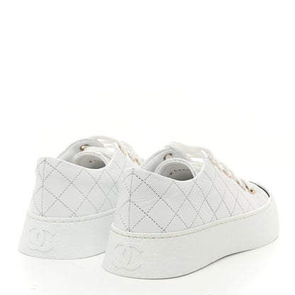 Chanel Crumpled Lambskin Patent Cap Toe CC Stitched Sneakers 35.5 White Black 5 of 10