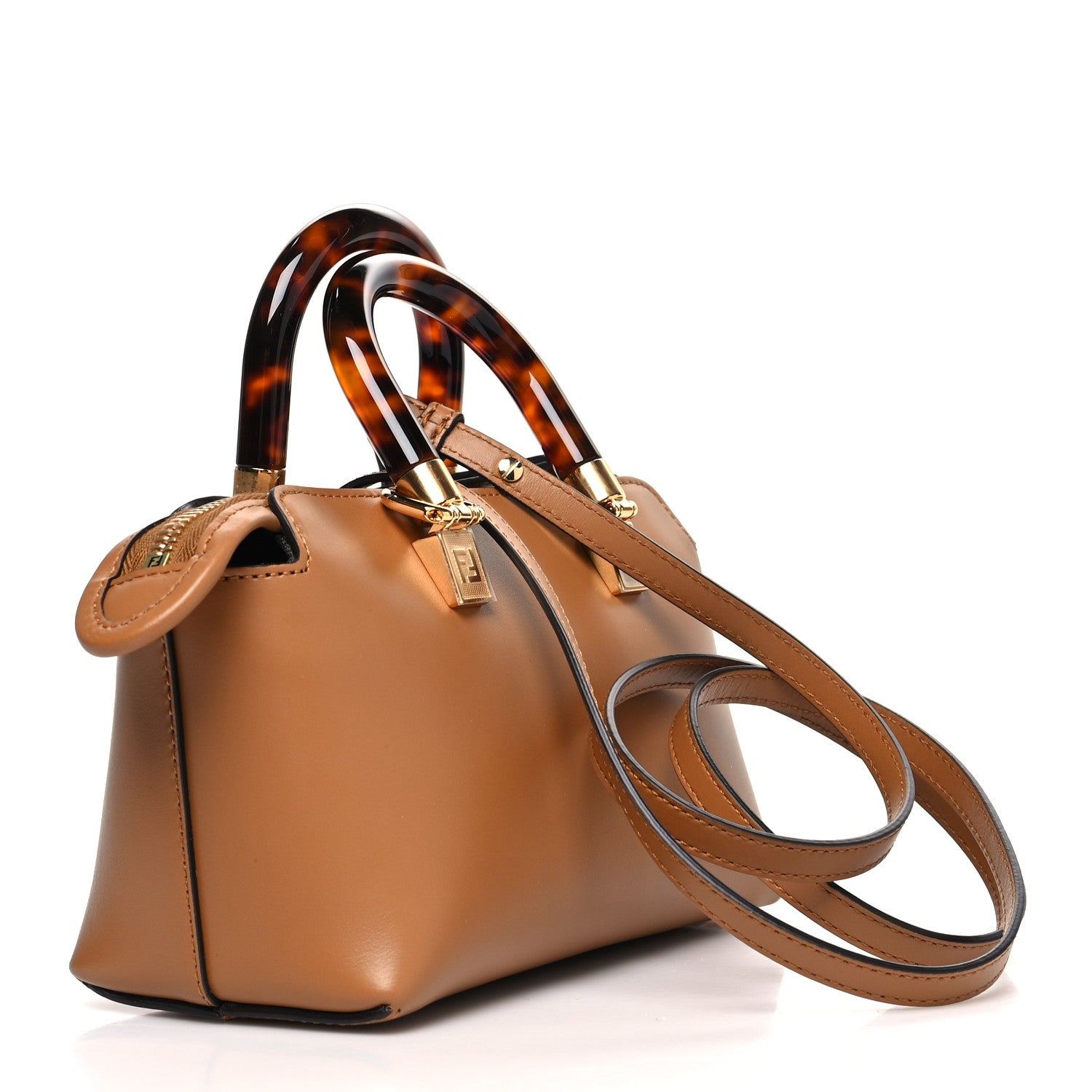 Fendi Vitello King Plexiglass Logo Embossed Mini By The Way Top Handle Boston Bag Caramello 3 of 10