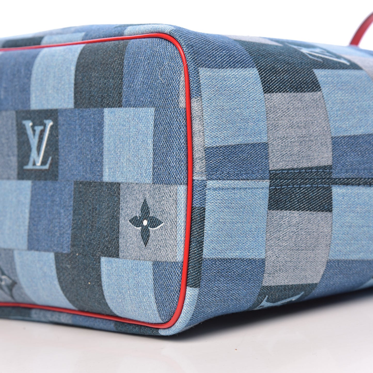 Denim Damier Monogram Patchwork Neverfull Blue Rouge