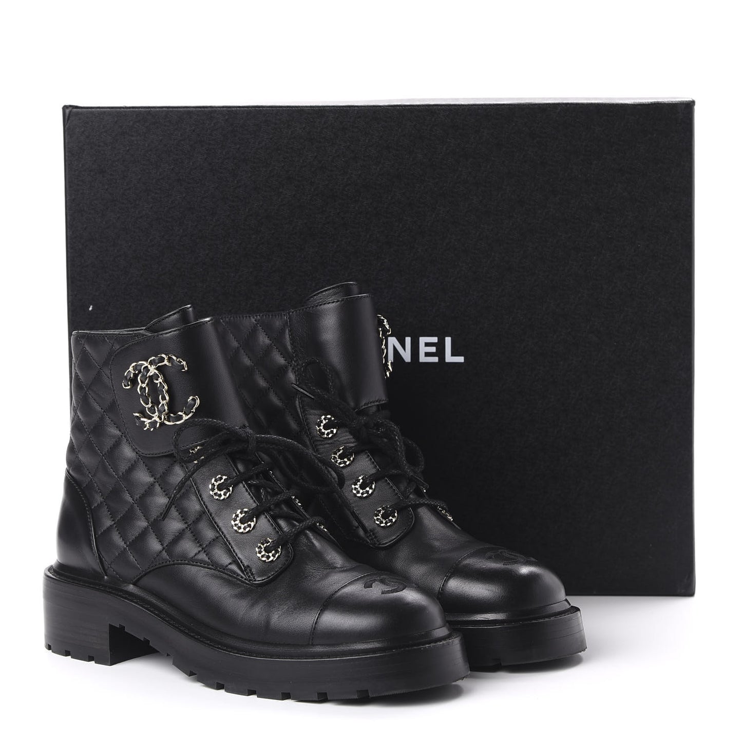 Lambskin Calfskin Quilted Lace Up Combat Boots 37.5 Black