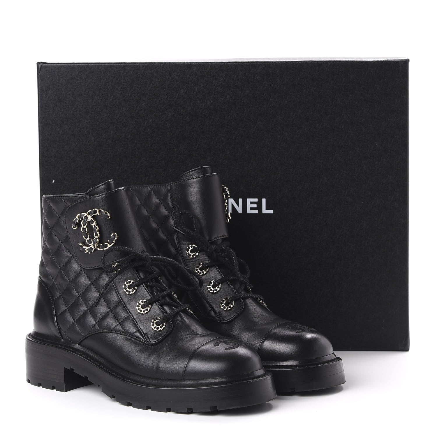 Chanel Lambskin Calfskin Quilted Lace Up Combat Boots 37.5 Black 9 of 9