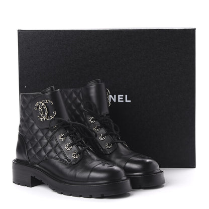 Chanel Lambskin Calfskin Quilted Lace Up Combat Boots 37.5 Black 9 of 9