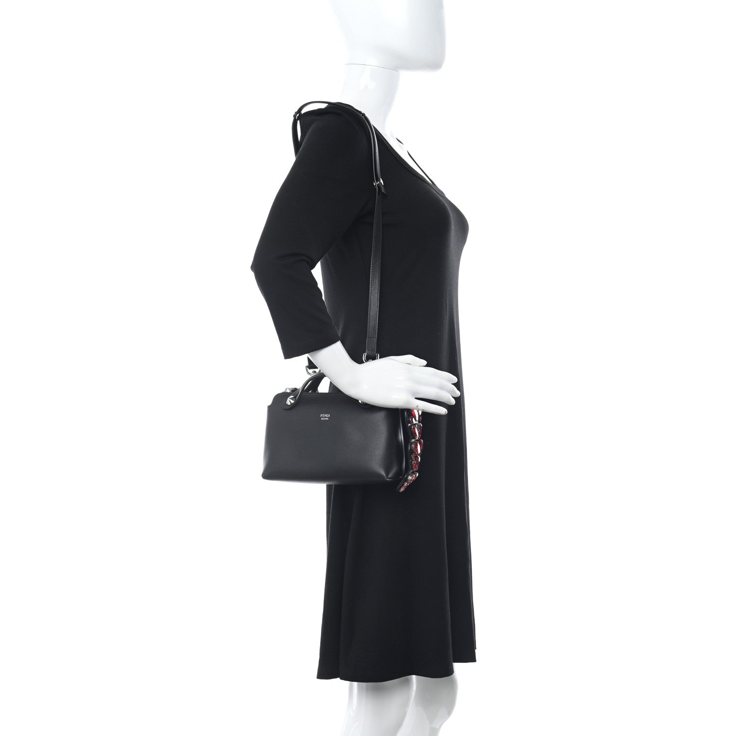 Fendi Vitello Dolce Crystal Heart Croc Tail Mini By The Way Boston Bag Black Rosso 2 of 13