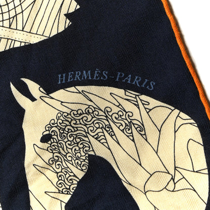 Hermes Cashmere Silk Bal de Soie Triangle Scarf Marine Naturel Roux 2 of 5