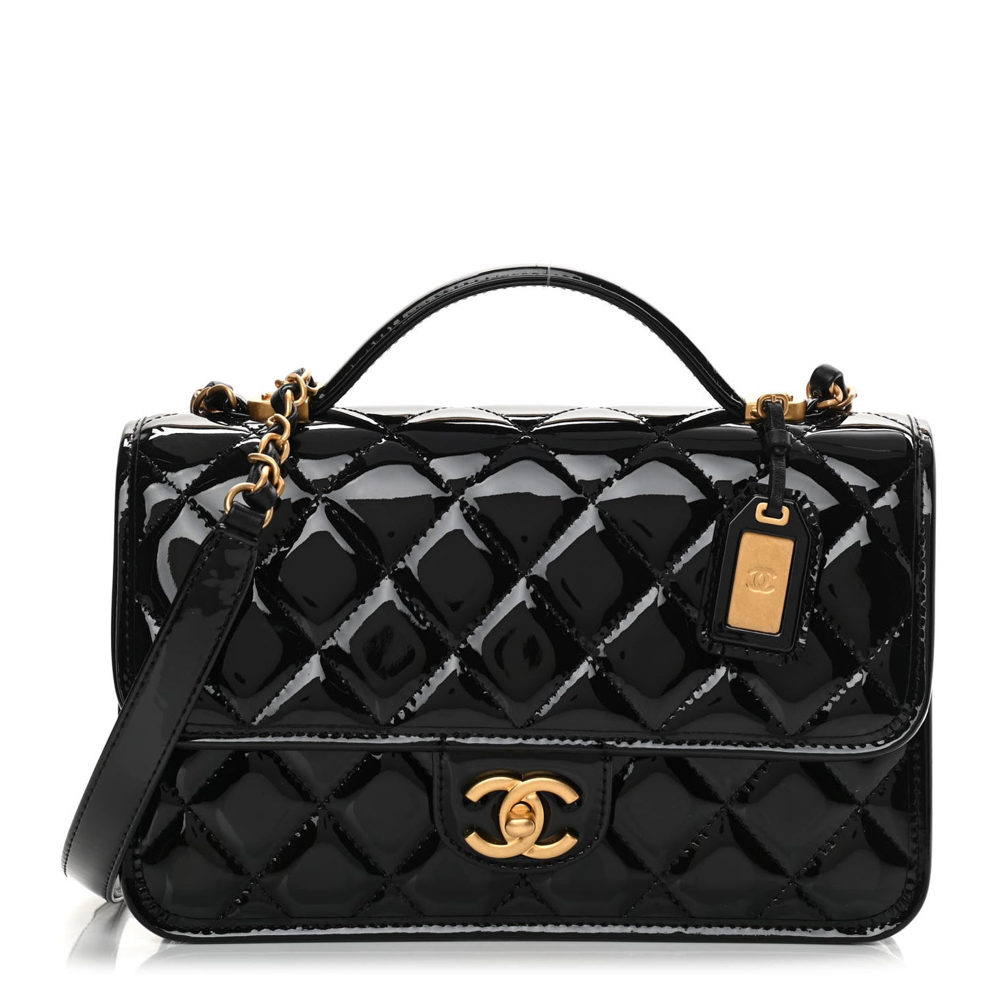 Patent Quilted Small School Memory Top Handle Flap Black