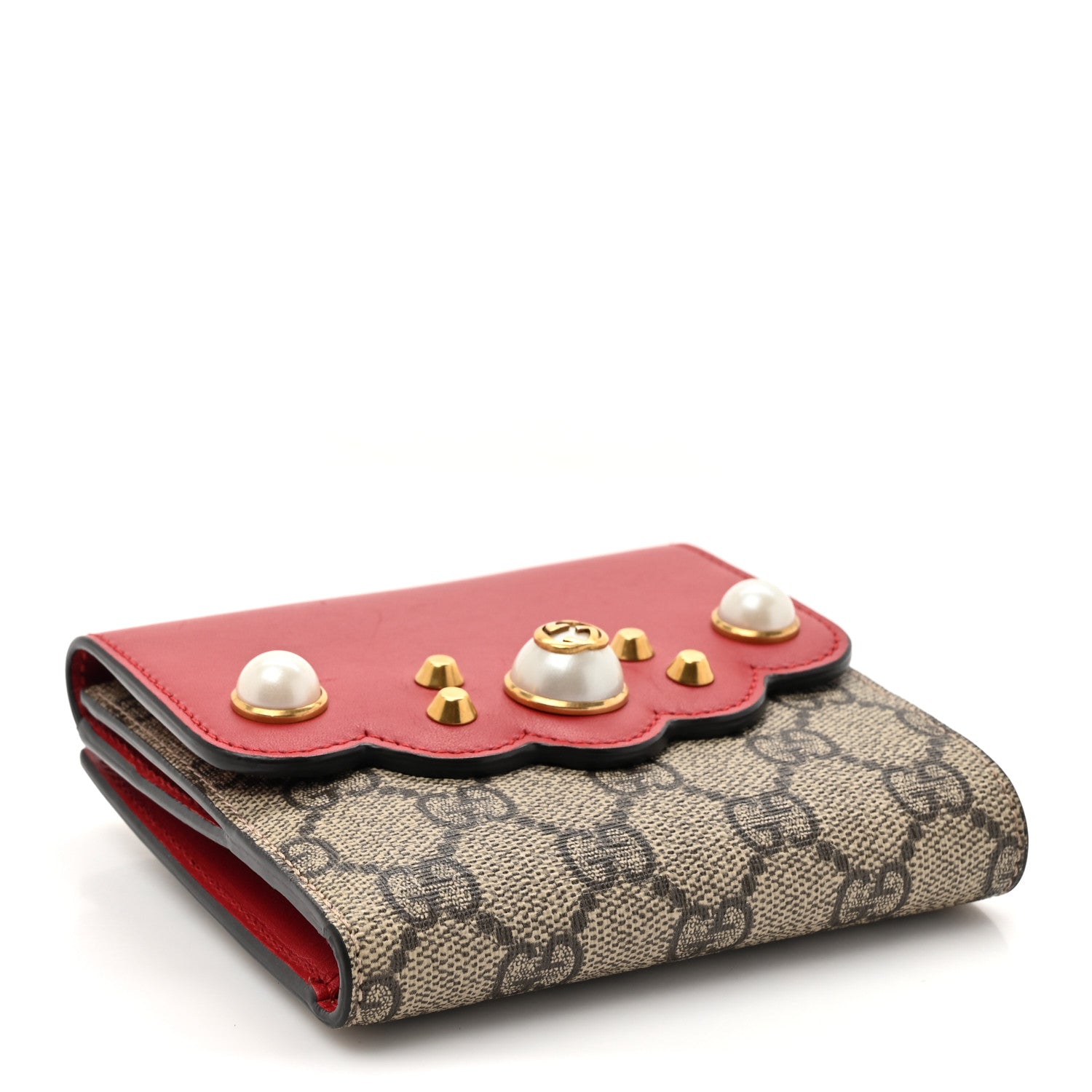 Gucci GG Supreme Monogram Pearl Studded French Wallet Beige Hibiscus Red 4 of 14
