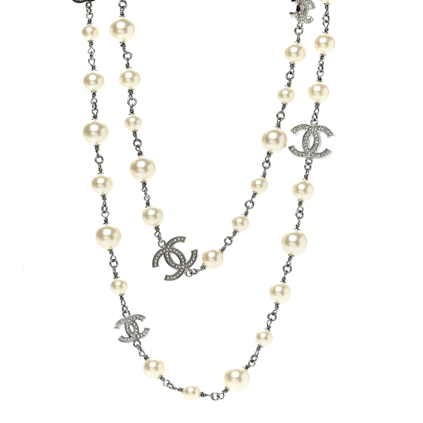 Crystal Pearl CC Long Necklace Silver
