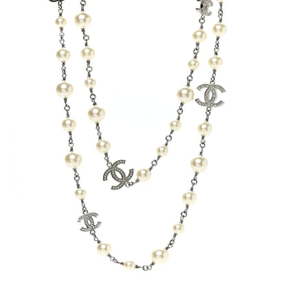 Chanel Crystal Pearl CC Long Necklace Silver 1 of 5