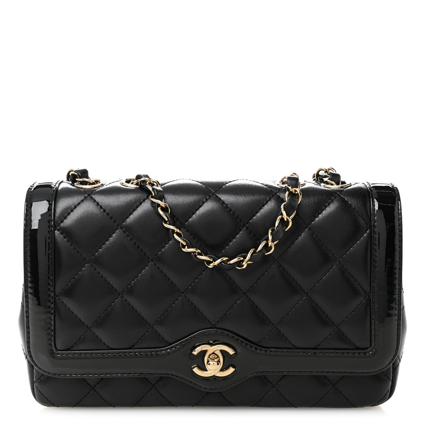Lambskin Patent Calfskin Quilted Small Flap Bag Black