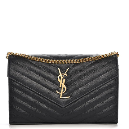 Saint Laurent Grain De Poudre Matelasse Chevron Monogram Chain Wallet Black 1 of 13