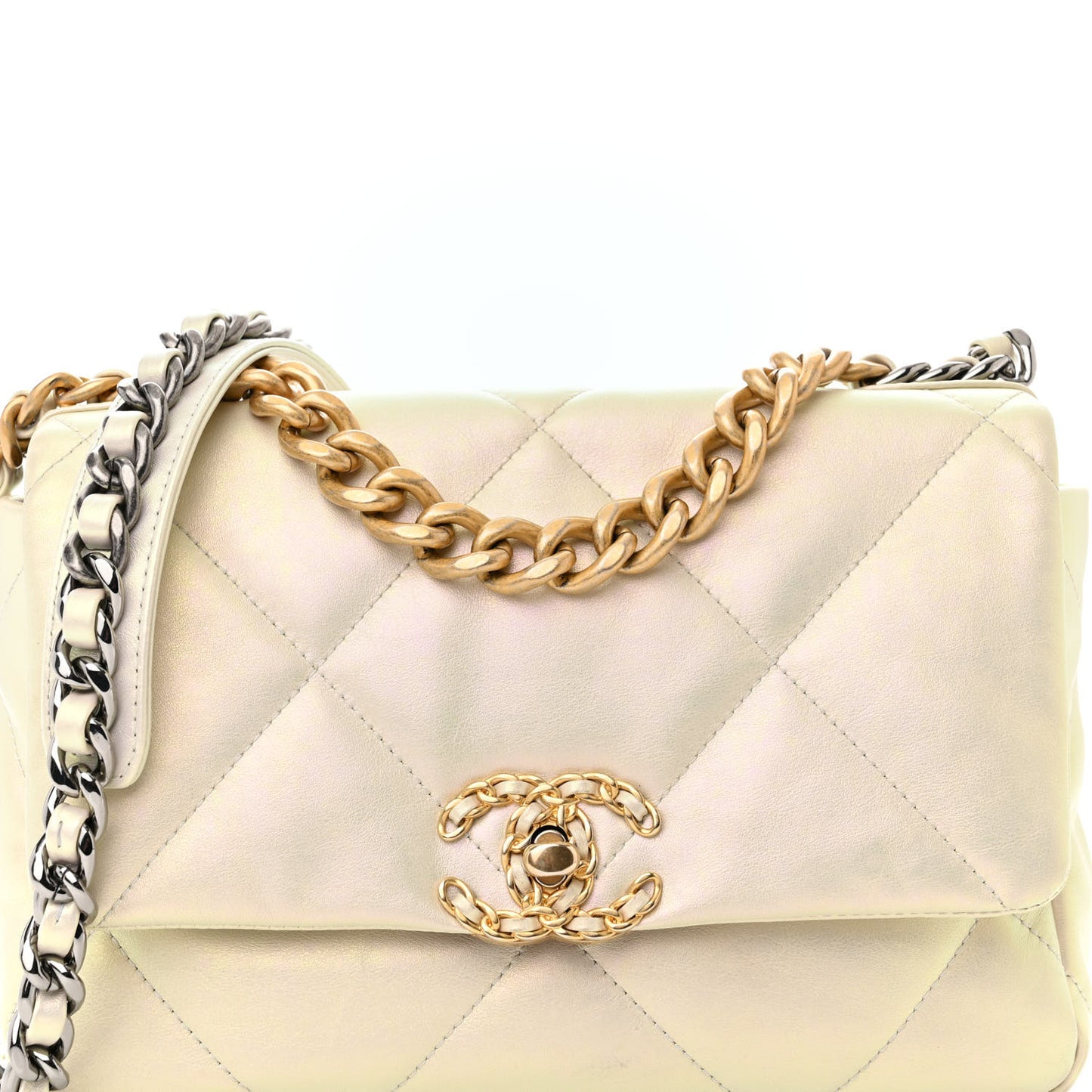Iridescent Calfskin Quilted Medium Chanel 19 Flap White