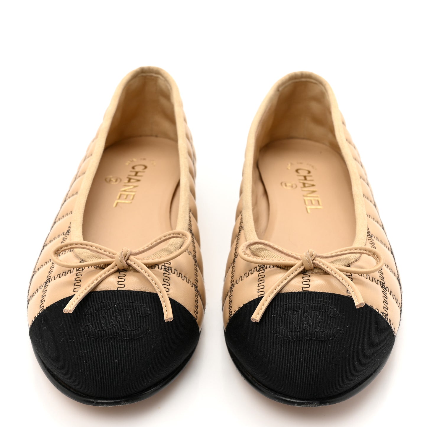 Lambskin Embroidered Quilted Cap Toe Ballerina Flats 38.5 Beige Black