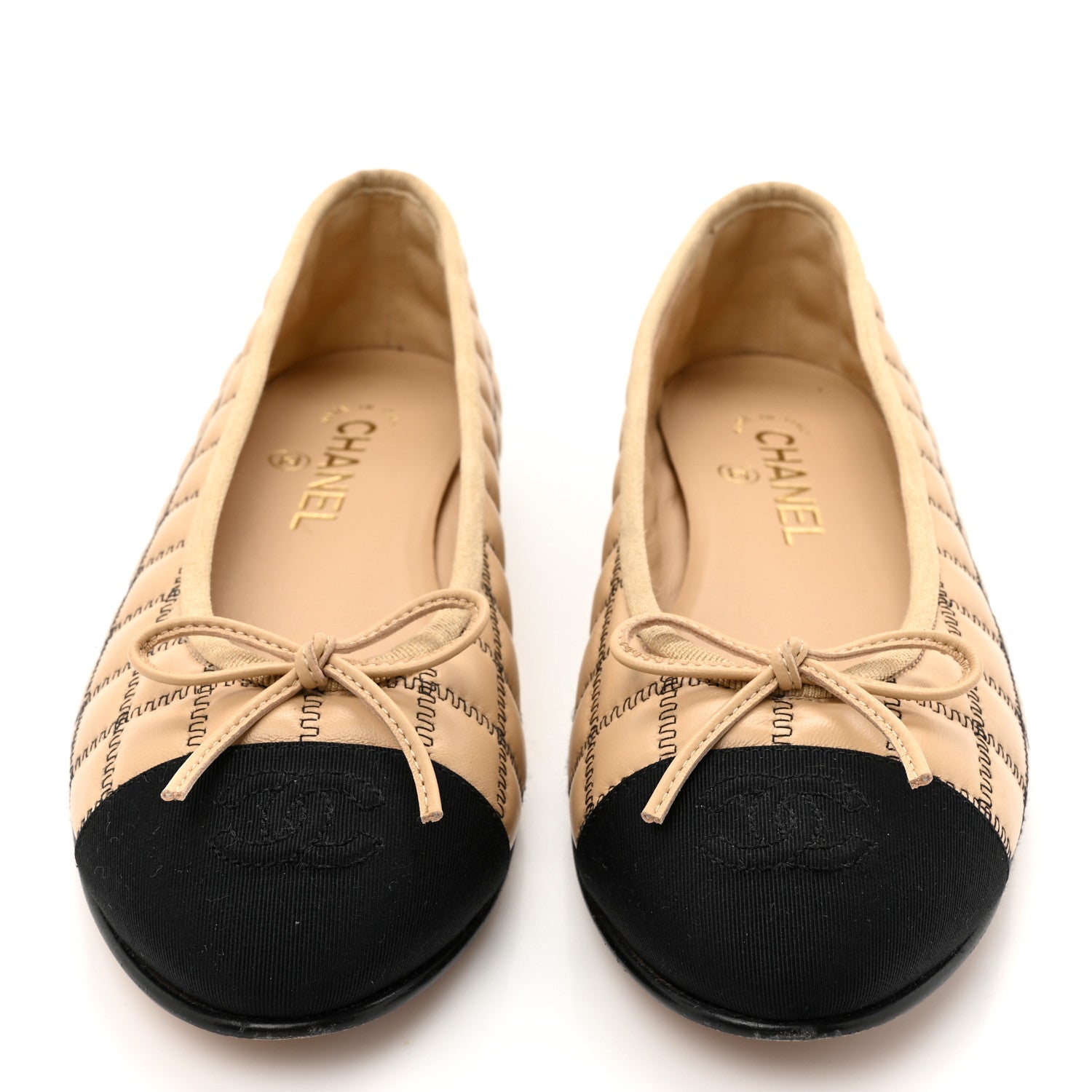 Chanel Lambskin Embroidered Quilted Cap Toe Ballerina Flats 38.5 Beige Black 3 of 9