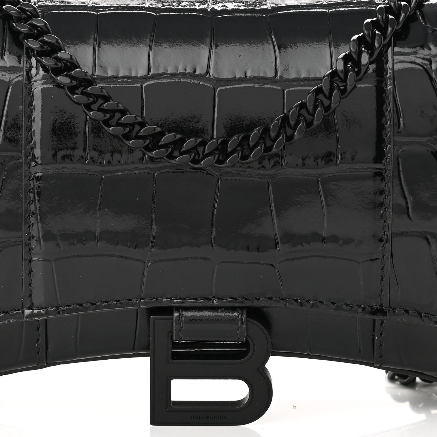 Shiny Calfskin Monochrome Crocodile Embossed Hourglass Chain Bag Black
