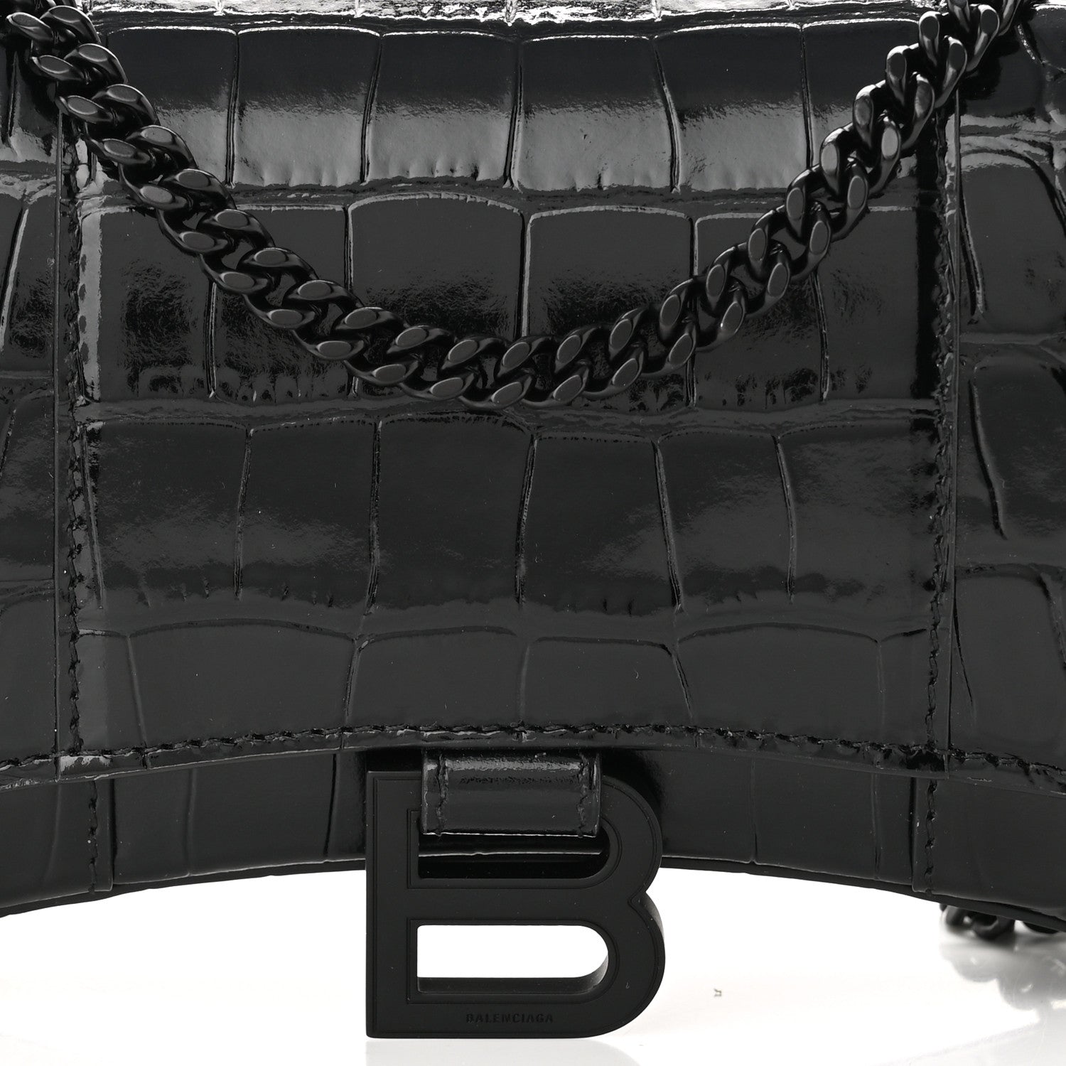 Balenciaga Shiny Calfskin Monochrome Crocodile Embossed Hourglass Chain Bag Black 7 of 9