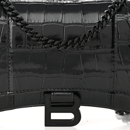 Balenciaga Shiny Calfskin Monochrome Crocodile Embossed Hourglass Chain Bag Black 7 of 9