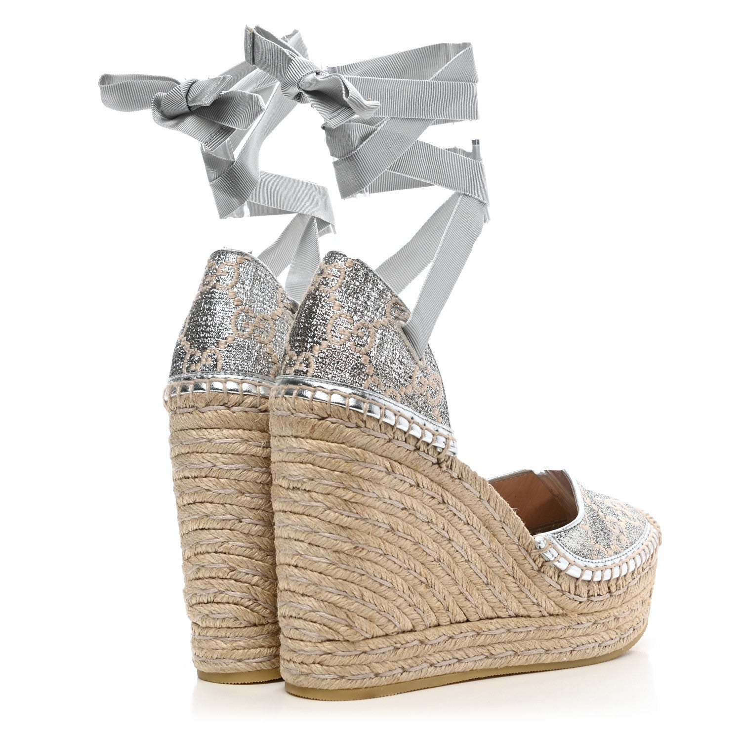 Gucci Lame GG Monogram Ankle Wrap Platform Espadrille Wedges 35.5 Silver Beige Light Grey 4 of 9
