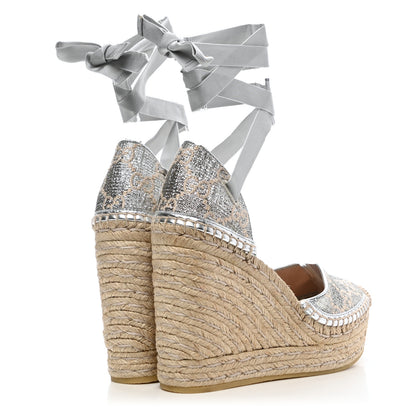 Gucci Lame GG Monogram Ankle Wrap Platform Espadrille Wedges 35.5 Silver Beige Light Grey 4 of 9