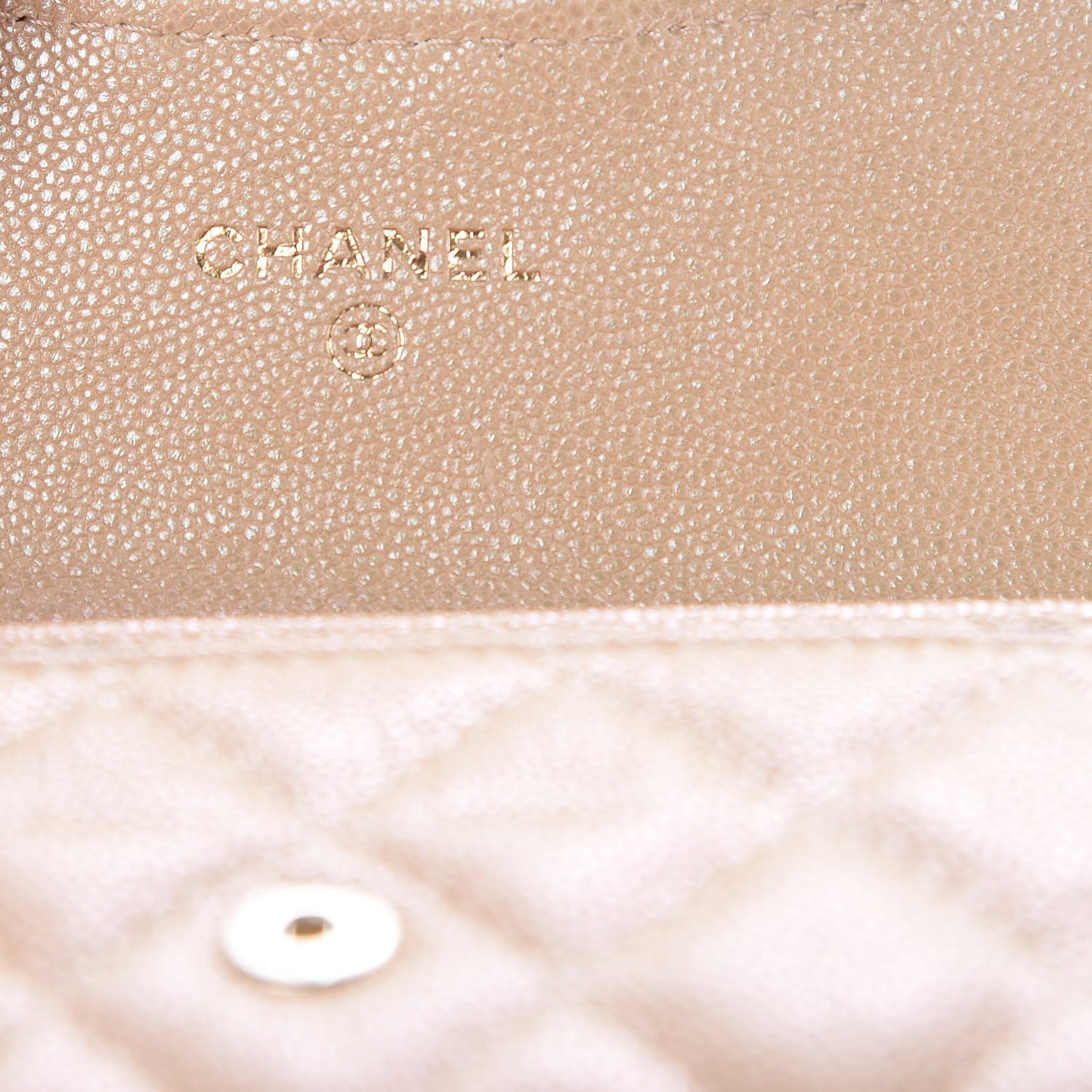 Iridescent Caviar Quilted Flap Card Holder Beige