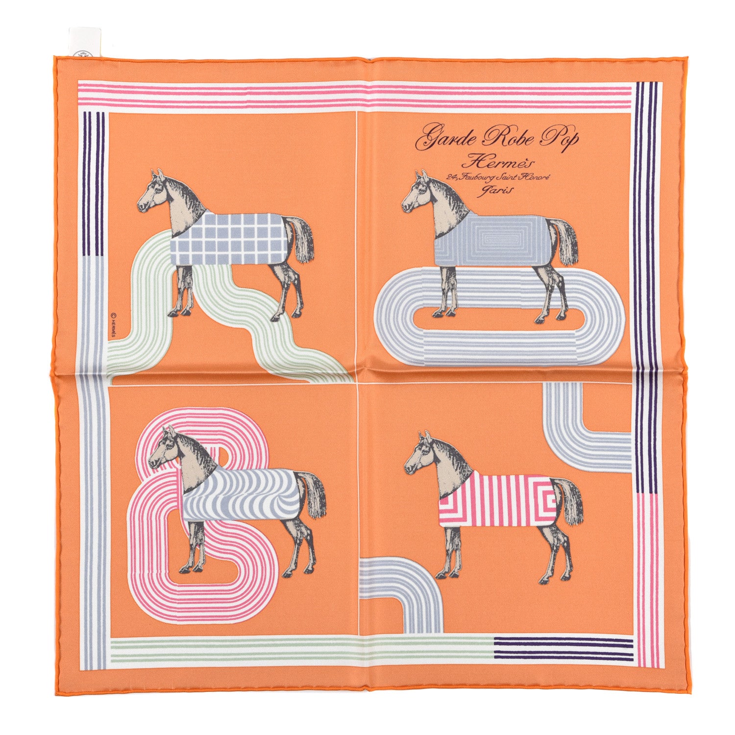 Hermes Silk Garde Robe Pop Detail Pocket Square Abricot Rouge Bleu 1 of 4