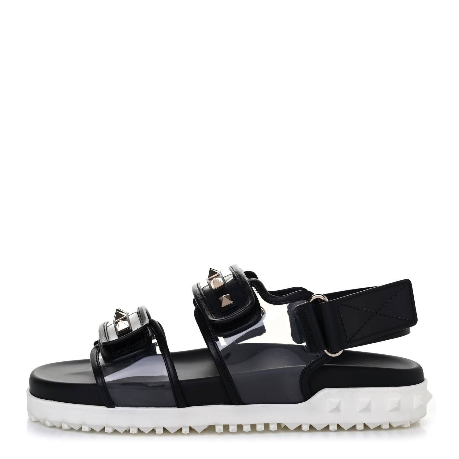 Valentino Garavani Calfskin PVC Rockstud Velcro Sandals 37 Black White 1 of 4