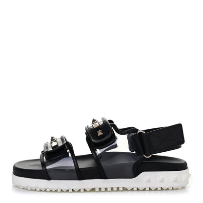 Valentino Garavani Calfskin PVC Rockstud Velcro Sandals 37 Black White 1 of 4