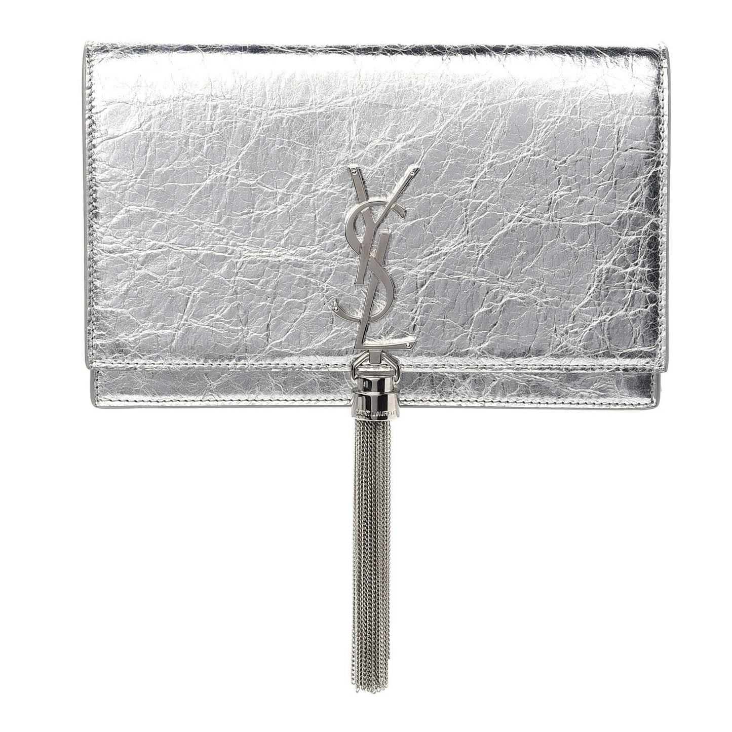 Metallic Crackled Calfskin Kate Monogram Tassel Chain Wallet Argento