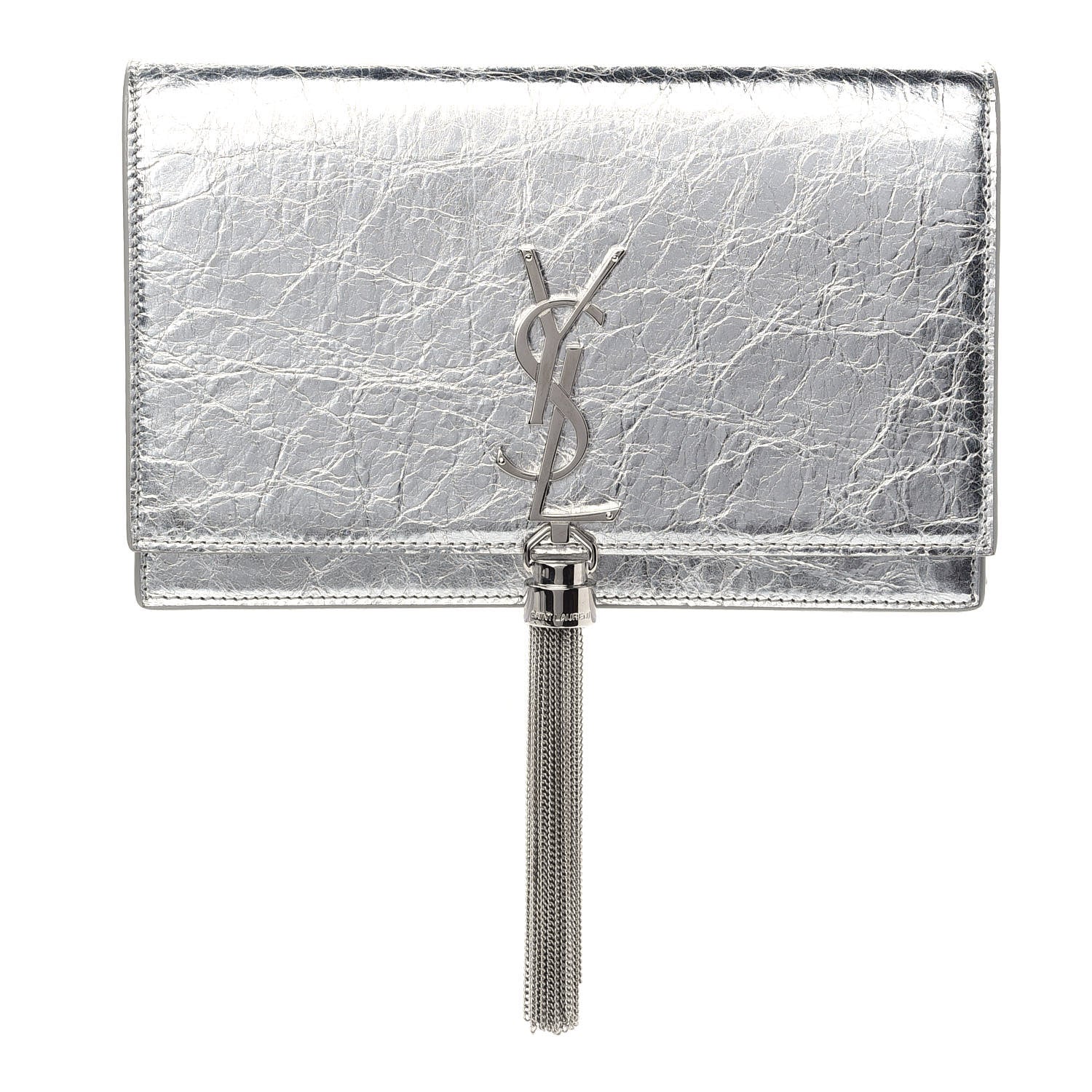 Saint Laurent Metallic Crackled Calfskin Kate Monogram Tassel Chain Wallet Argento 1 of 8