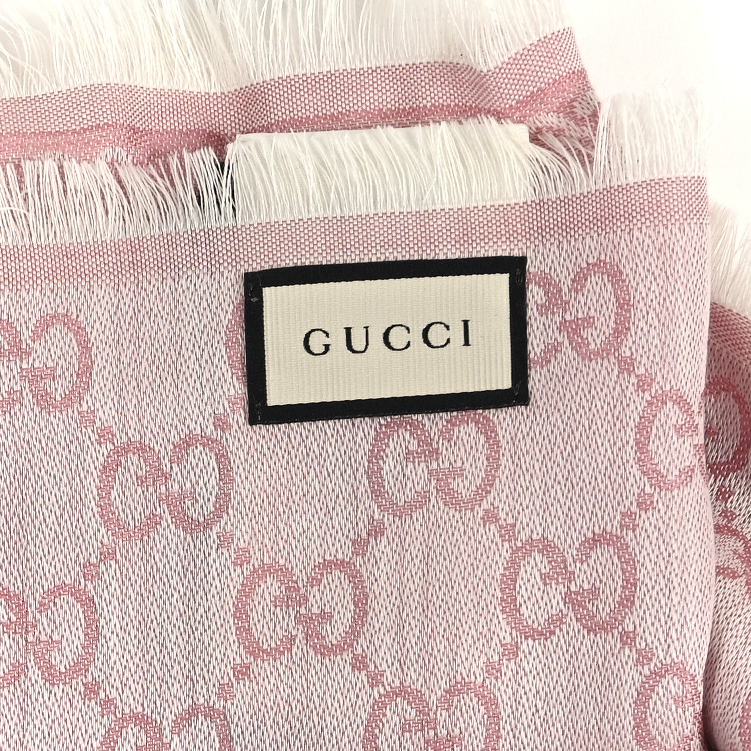 Gucci Wool Silk Monogram GGWeb Fringe Shawl Rose Ivory 2 of 4
