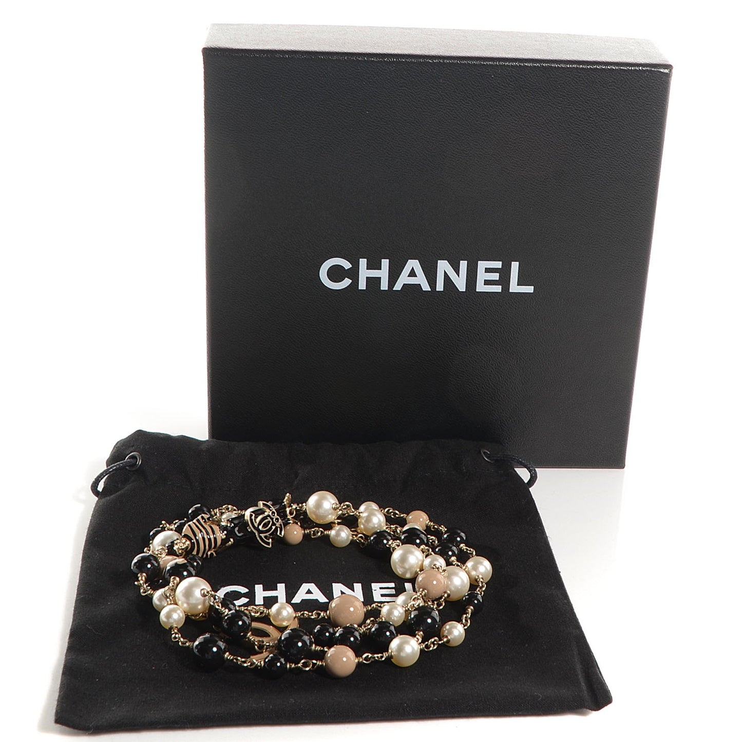 Pearl CC 100th Anniversary Coco Charm Necklace Black Beige Gold