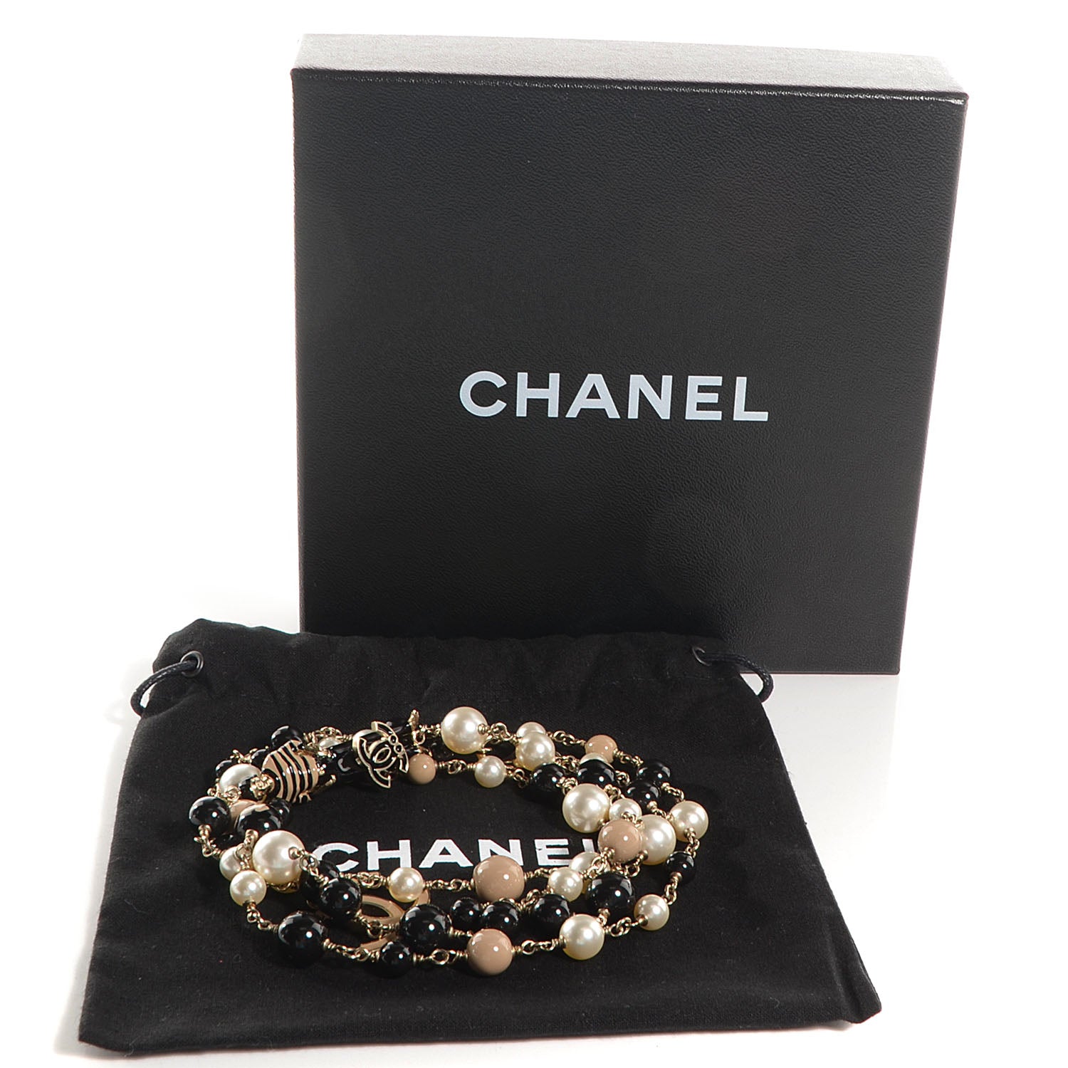 Chanel Pearl CC 100th Anniversary Coco Charm Necklace Black Beige Gold 3 of 5